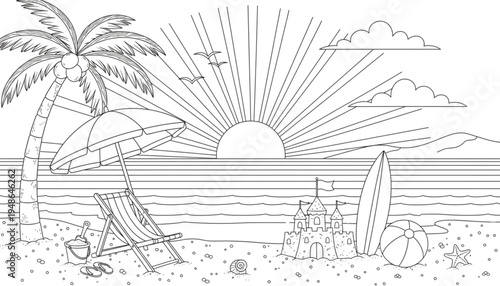 Tropical Beach Vacation Paradise Summer Relaxation Travel Holiday Scene with Palm Tree and Surfboard