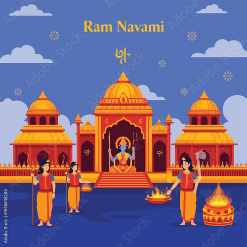 Festive digital illustration depicts a cultural celebration with deities and architecture