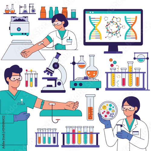 Colorful illustration of lab work with scientists, tubes, equipment, and medical details