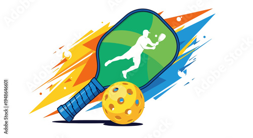 Pickleball racket and ball graphic design.