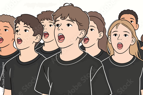 Children singing together in a group from a school choir practice in the afternoon