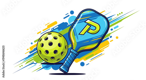 Pickleball racket and ball graphic illustration.