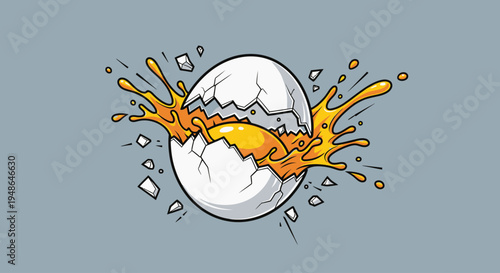 Cartoon egg cracking with yellow liquid.