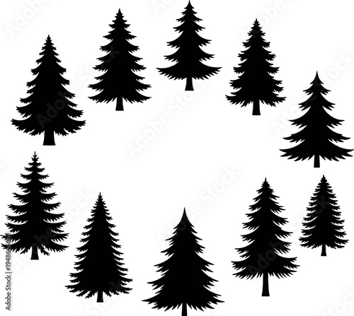 Pine tree silhouettes collection with evergreen forest trees, black nature conifer shapes illustration set for landscape design