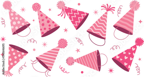 Pink birthday party hats vector illustration collection with polka dots, stripes, hearts and festive confetti for celebration and event decoration design