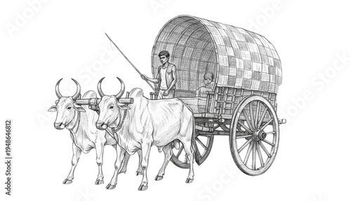Rustic Ox Cart Journey Through Rural Landscape, Traditional Transport, Agricultural Heritage, Peaceful Rural Life, Historical