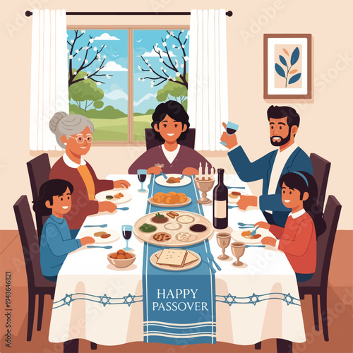 Family celebrating a holiday around a table with traditional food