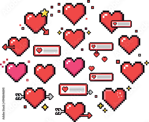 Pixel Art Heart Icons Vector Collection with Retro Game Style Love Hearts Health Bars 8 Bit Illustration Set