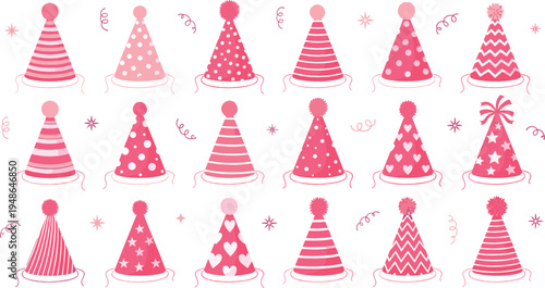 Pink birthday party hats vector illustration set featuring festive celebration caps with stripes, stars, hearts and confetti for party decoration design