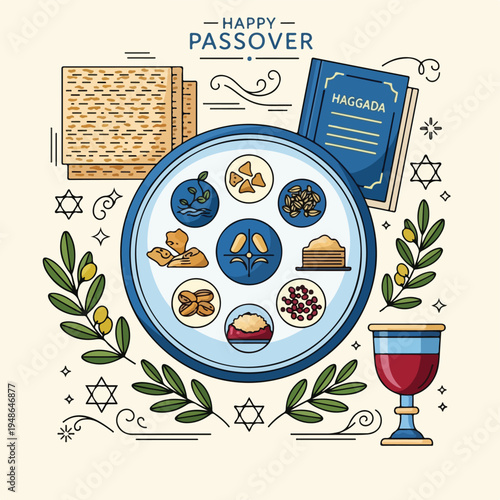 Colorful illustration of Passover Seder plate, book, matzah, and symbols