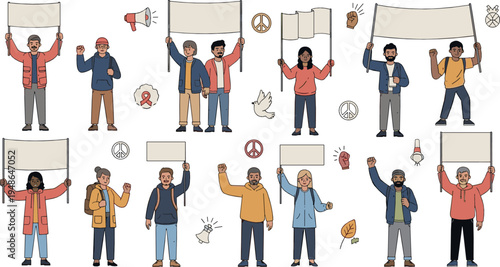 Protest and Demonstration People Vector Set with Activists Holding Blank Banners Megaphone Peace Symbols Social Movement Illustration Collection