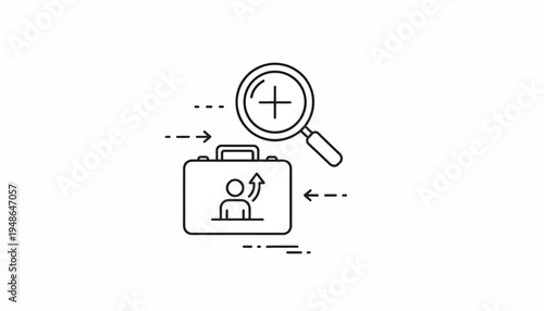 Magnifying glass over briefcase with person icon and upward arrow, job search concept