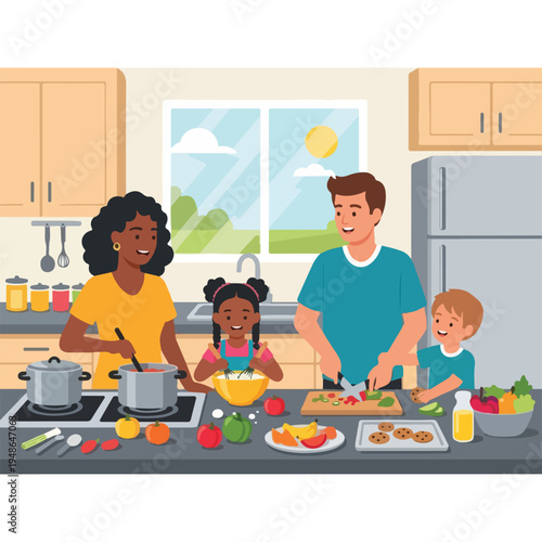 Family cooking in a kitchen, preparing food, vegetables, and fruit