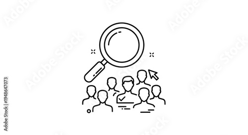 Magnifying glass over a group of people, highlighting one person with a checkmark, representing recruitment or selection.