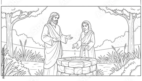 Man and Woman Sharing Wisdom at Ancient Stone Well Spiritual Guidance