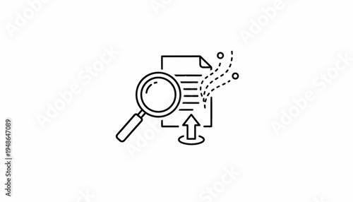 Magnifying glass over document with upload arrow and data analysis icons