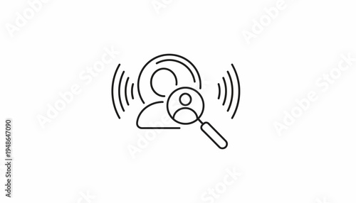 Magnifying Glass Over Person Icon with Sound Waves, Representing Search, Analysis, and Communication
