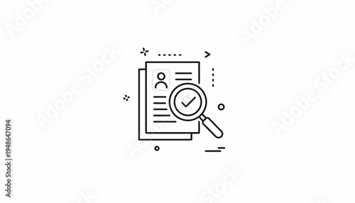 Magnifying glass over resume with checkmark, HR recruitment, job search, and verification concept