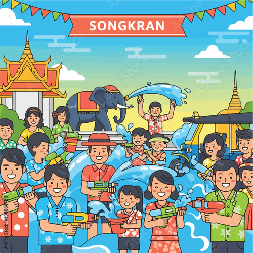 Colorful illustration of people celebrating water festival with water guns and an elephant