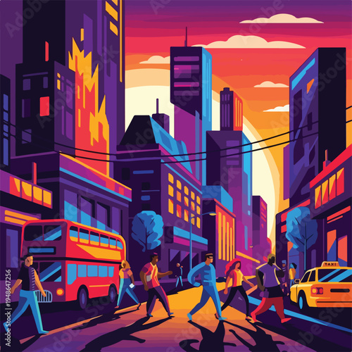 Colorful vector illustration of city street with pedestrians, bus, and taxi