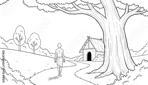 Man Walking Winding Path to Rustic House by Old Tree Black and White Line Art for Historical Narratives