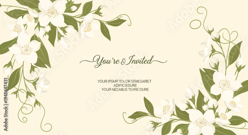 Elegant Floral Invitation with Jasmine Blossoms and Swirls.