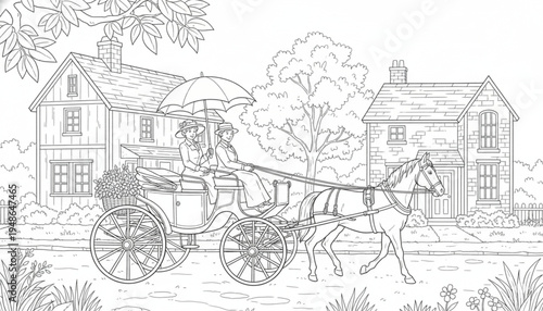 Elegant Women Riding Vintage Horse Drawn Carriage on a Quaint Village Street. Historical Line Art for Coloring Book.