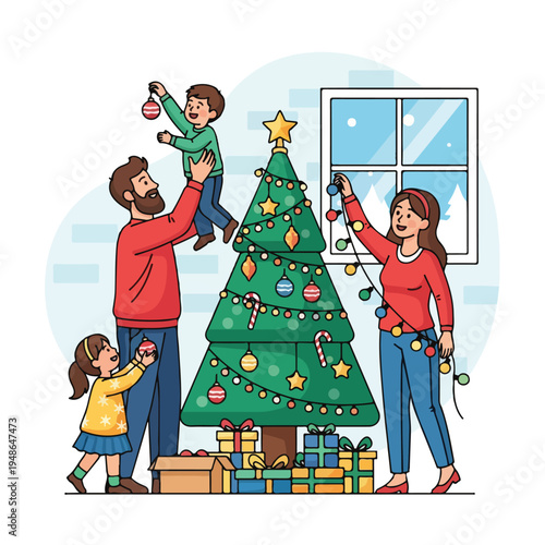 Family decorating Christmas tree, putting up ornaments and lights, giving gifts