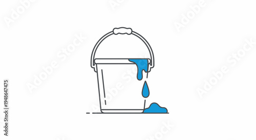 Leaking Bucket with Spilled Water and Drops, Line Art Icon