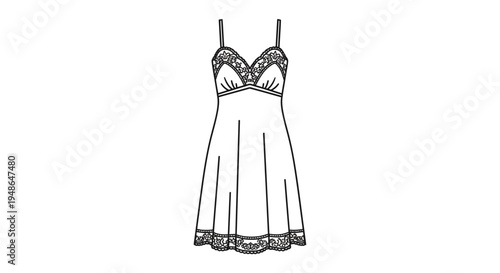 Lace Trimmed Slip Dress Fashion Illustration - Black and White Line Art