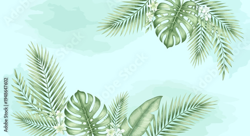 Elegant Watercolor Tropical Leaves Frame Design.