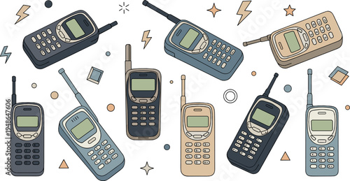 Retro Mobile Phones Vector Collection with Vintage Cellphones Antenna Handsets Classic 1990s Communication Technology Illustration Set