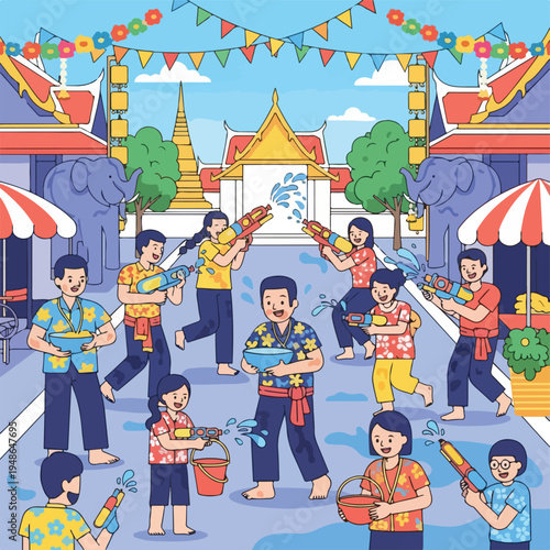 Colorful illustration of people celebrating with water guns and water buckets