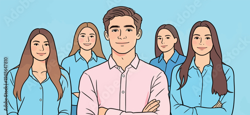 Team of young adults standing together in light blue clothing with a simple background