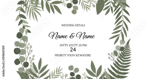 Elegant Wedding Invitation with Floral Border and Couples Names.