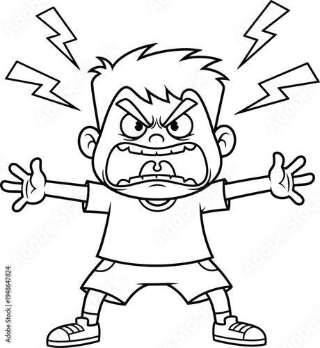 Angry cartoon boy shouting with lightning symbols, emotional kid expression illustration for temper tantrum, frustration, anger management and childhood behavior concept