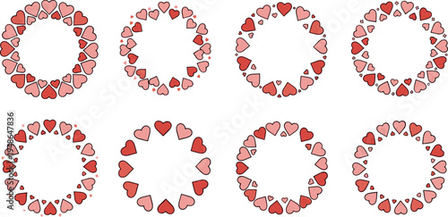 Romantic heart circle frames collection vector illustration with red and pink love hearts wreath borders for Valentine greeting designs