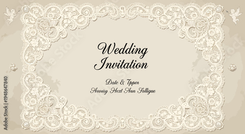 Elegant Wedding Invitation with Floral Lace Border.