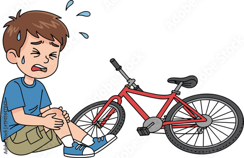 Boy injured after bicycle accident, crying child holding hurt knee beside fallen bike, kids safety awareness cartoon vector illustration