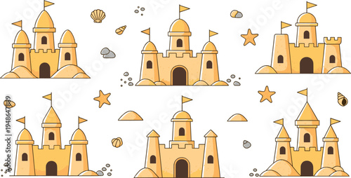 Sandcastle collection with beach castles, seashells and starfish, cute summer seaside vacation illustration set for kids design
