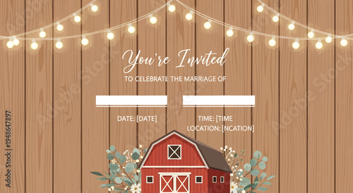 Rustic Barn Wedding Invitation with String Lights.