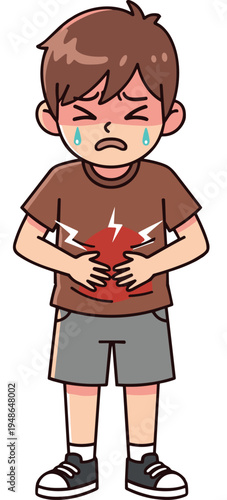 Cartoon boy with stomach pain crying child abdominal ache health problem kids illness symptom vector illustration isolated