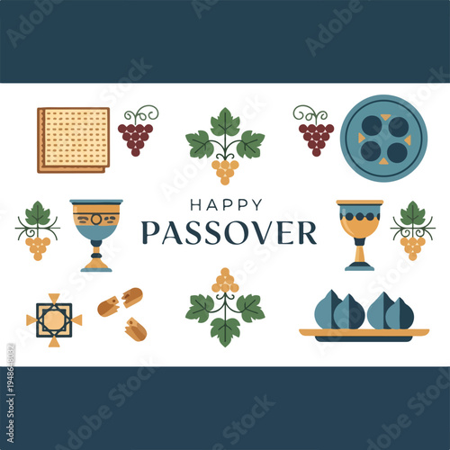 Colorful illustration with objects and text celebrating the Passover holiday