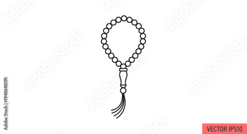 Islamic prayer beads (tasbih) icon, simple line art, isolated on white background