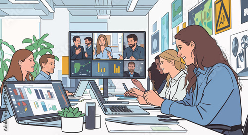 Team members collaborate in a modern office while participating in a virtual meeting