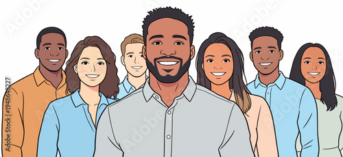 Diverse group of young adults standing together smiling in a studio setting