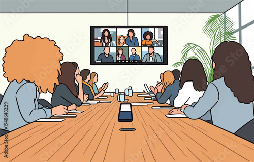 Team is engaged in a virtual meeting in a conference room with multiple participants on screen