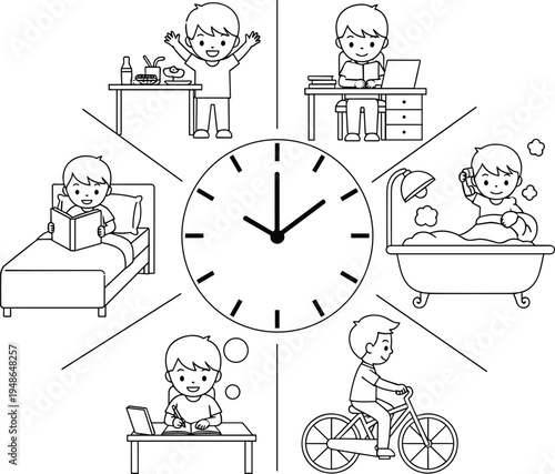Child daily routine activities illustration with clock, showing kids studying, eating, bathing, reading and cycling, educational schedule concept for children lifestyle