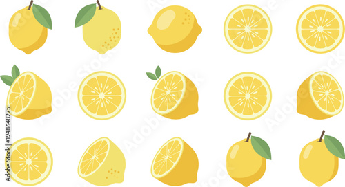 Set of fresh yellow lemon vector illustrations with whole lemons, sliced citrus fruits, lemon halves and leaves isolated in flat design style