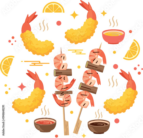 Shrimp tempura and grilled shrimp skewers vector illustration with Japanese seafood dishes, dipping sauce, lemon slices and chopsticks